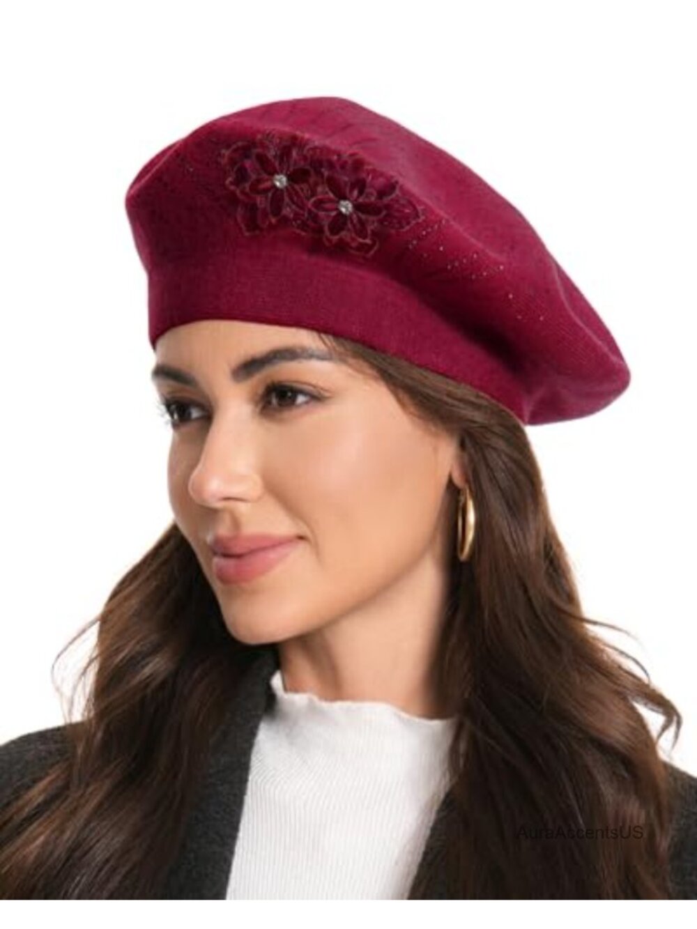 Flower Embroidery Knitted Beret Hat French Style Beret Cap
